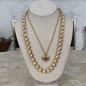Set of 2 Gold Tone Necklaces - Chunky Pearl  & Rhinestone Puffy Heart